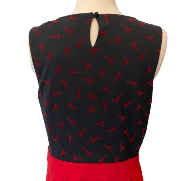 ELLE Dress Eiffel Tower Paris Pleated Ponte Knit Sleeveless Black Red Size 10 - Picture 7 of 13